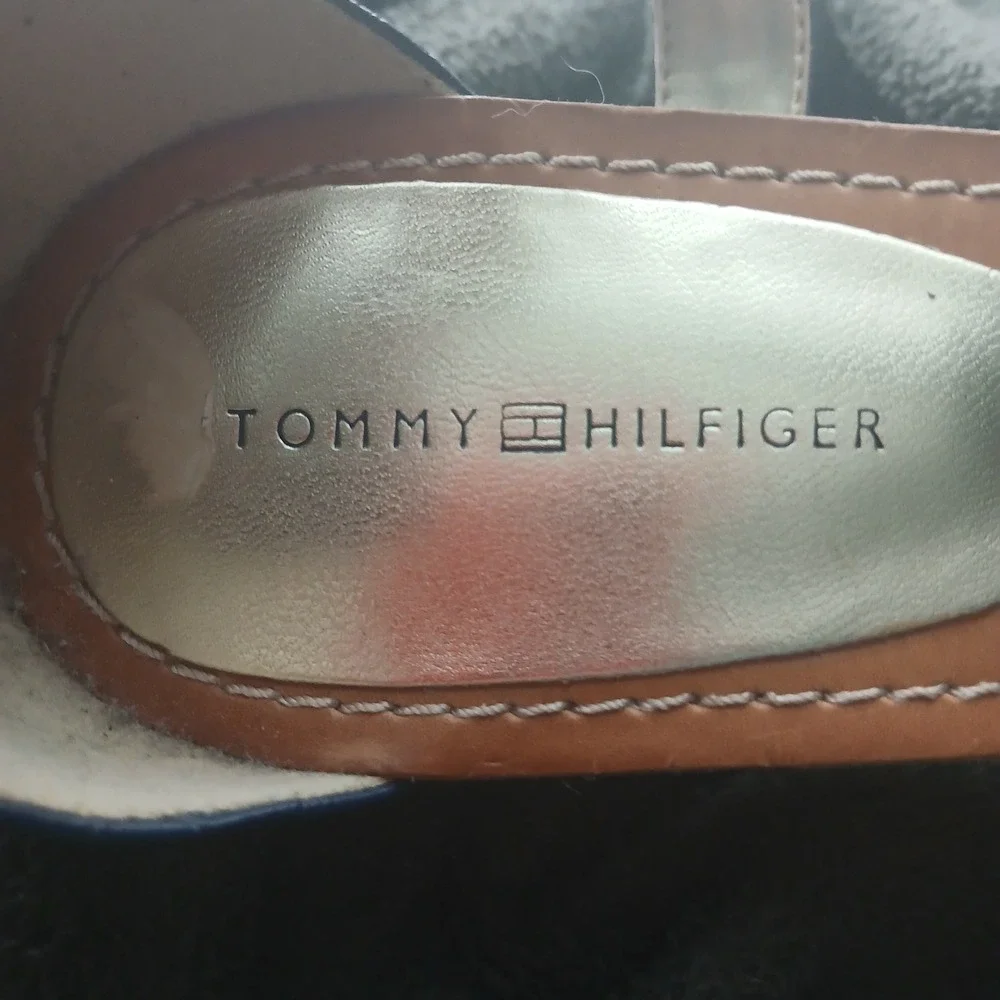 Tommy Hilfiger Wedge Sandals 9.5 Navy Blue Croc Embossed Ankle Strap TWMOLINA2-T